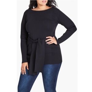 City Chic Tie Waist Long Sleeve Knit Sweater